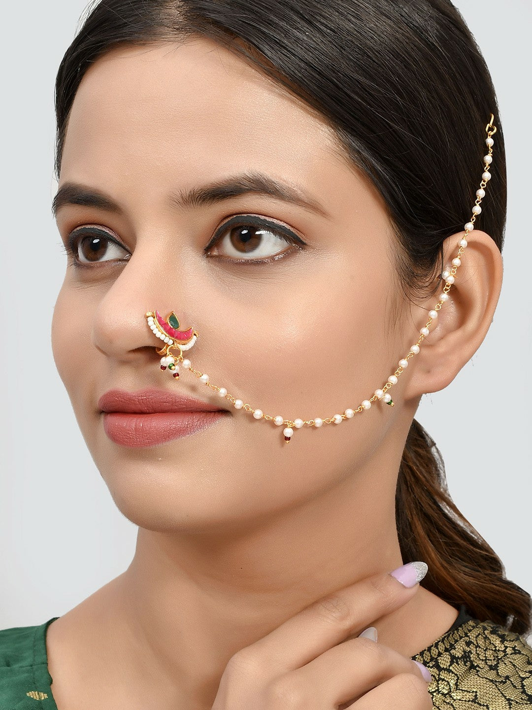 Buy Gold-Plated Meenakari Chained Nose Ring with Kundan & Pearl Online – Indiaista