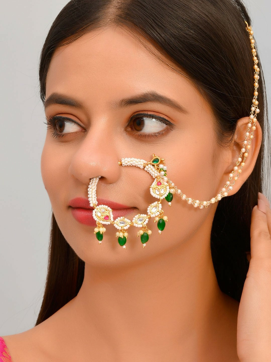 Gold-Plated Traditional Nose Pin with White Pearl Beaded Detail - Clip-On Closure