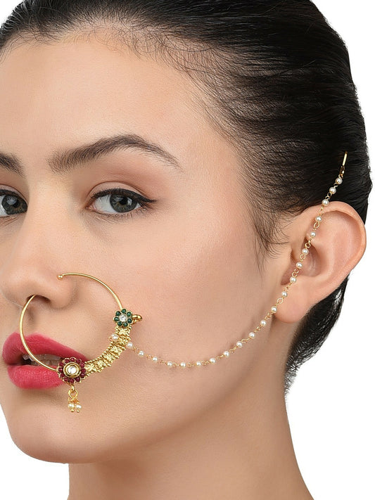 Buy Off-White & Red Gold-Plated Stone-Studded Beaded Nose Ring with Chain | Indiaista