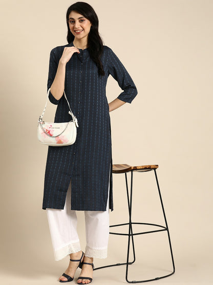 Women Navy Blue Geometric Woven Design Kurta