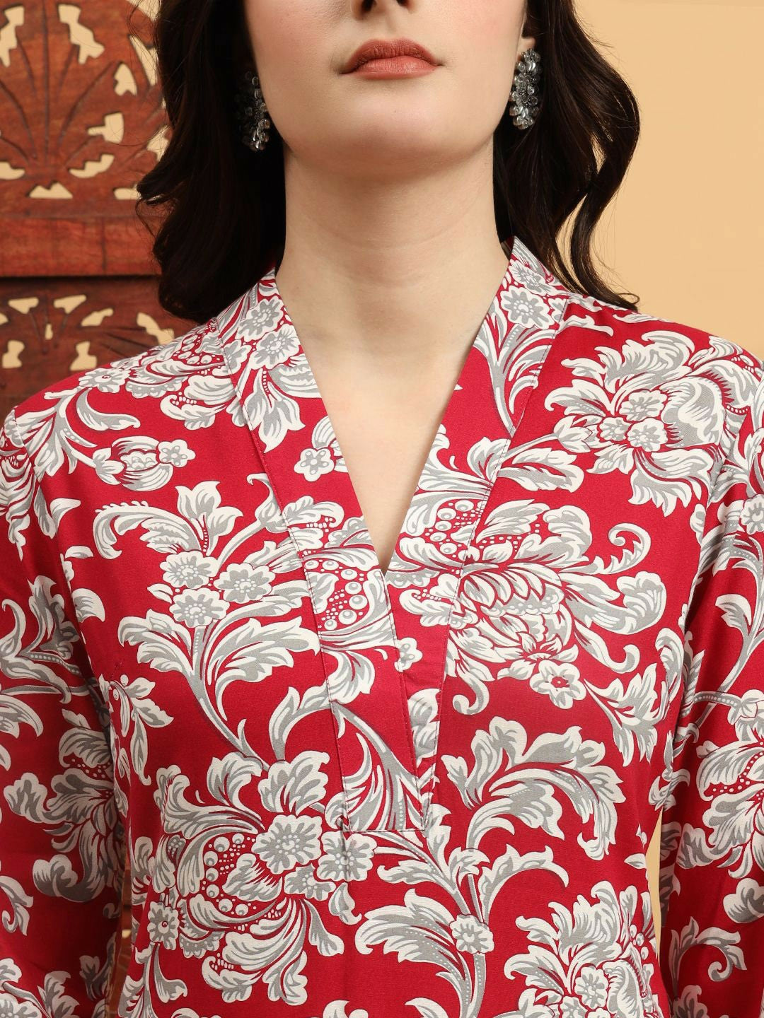 Women Rust Ethnic Motifs Printed V-Neck Flared Sleeves Kurta