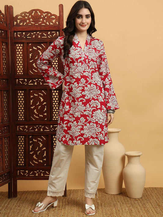Women Rust Ethnic Motifs Printed V-Neck Flared Sleeves Kurta