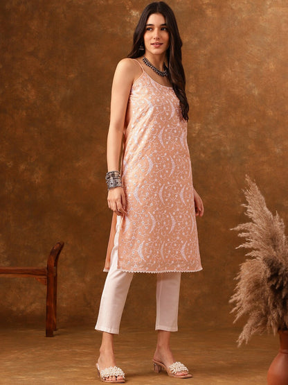 Floral Embroidered Sleeveless Pure Cotton Kurta