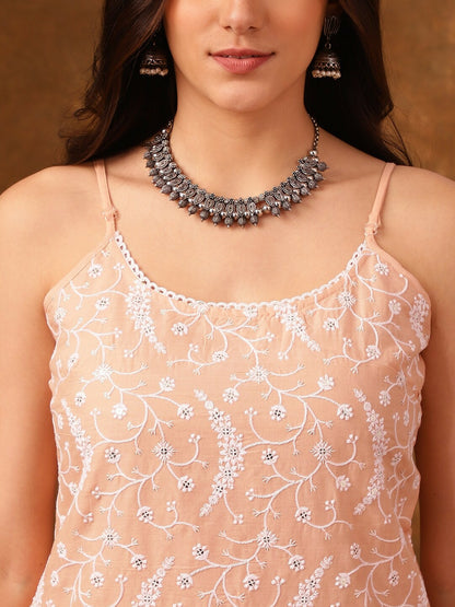 Floral Embroidered Sleeveless Pure Cotton Kurta