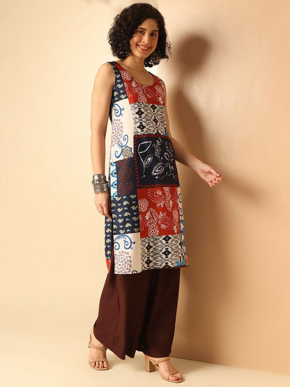 Women Multicoloured Abstract Printed Sleeveless Straight Kurta
