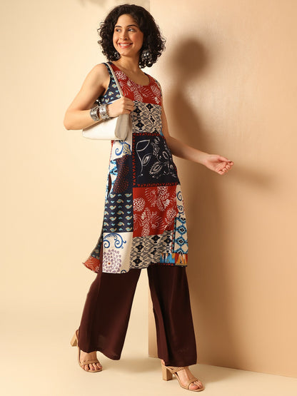 Women Multicoloured Abstract Printed Sleeveless Straight Kurta