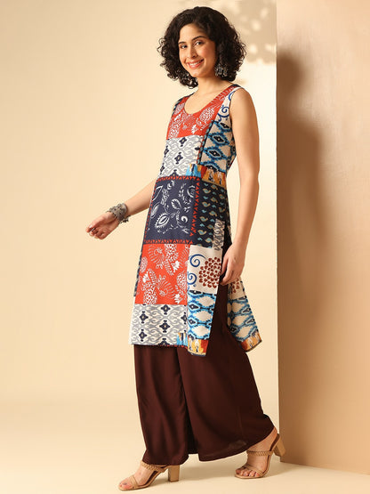 Women Multicoloured Abstract Printed Sleeveless Straight Kurta