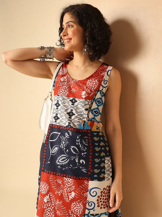 Women Multicoloured Abstract Printed Sleeveless Straight Kurta