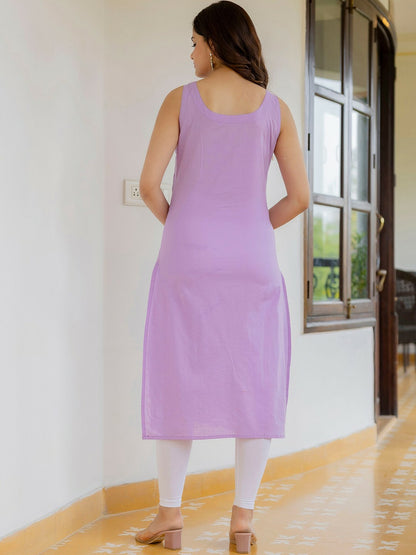 Lavender Floral Embroidered Cotton Sleeveless Straight Kurta