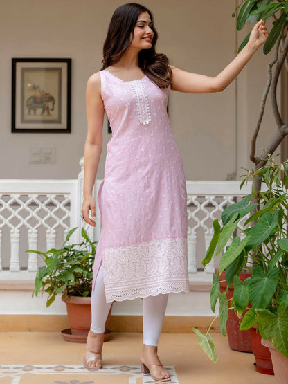 Women Pink Floral Embroidered Thread Work Kurta