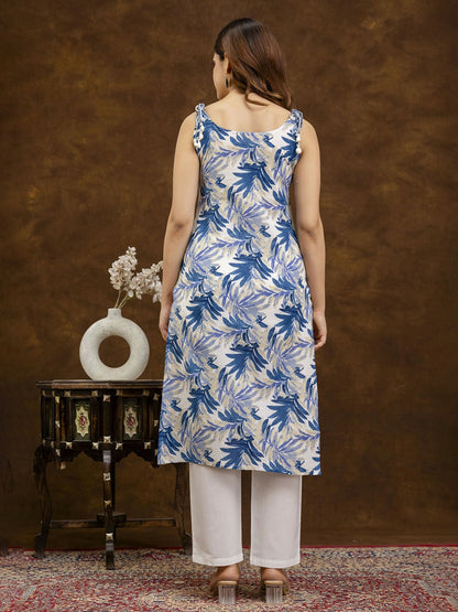 Floral Printed Blue & White Cotton Straight Kurta with Shoulder Straps