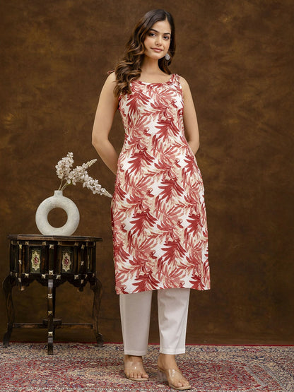 Floral Printed Shoulder Strap Red & White Cotton Kurta
