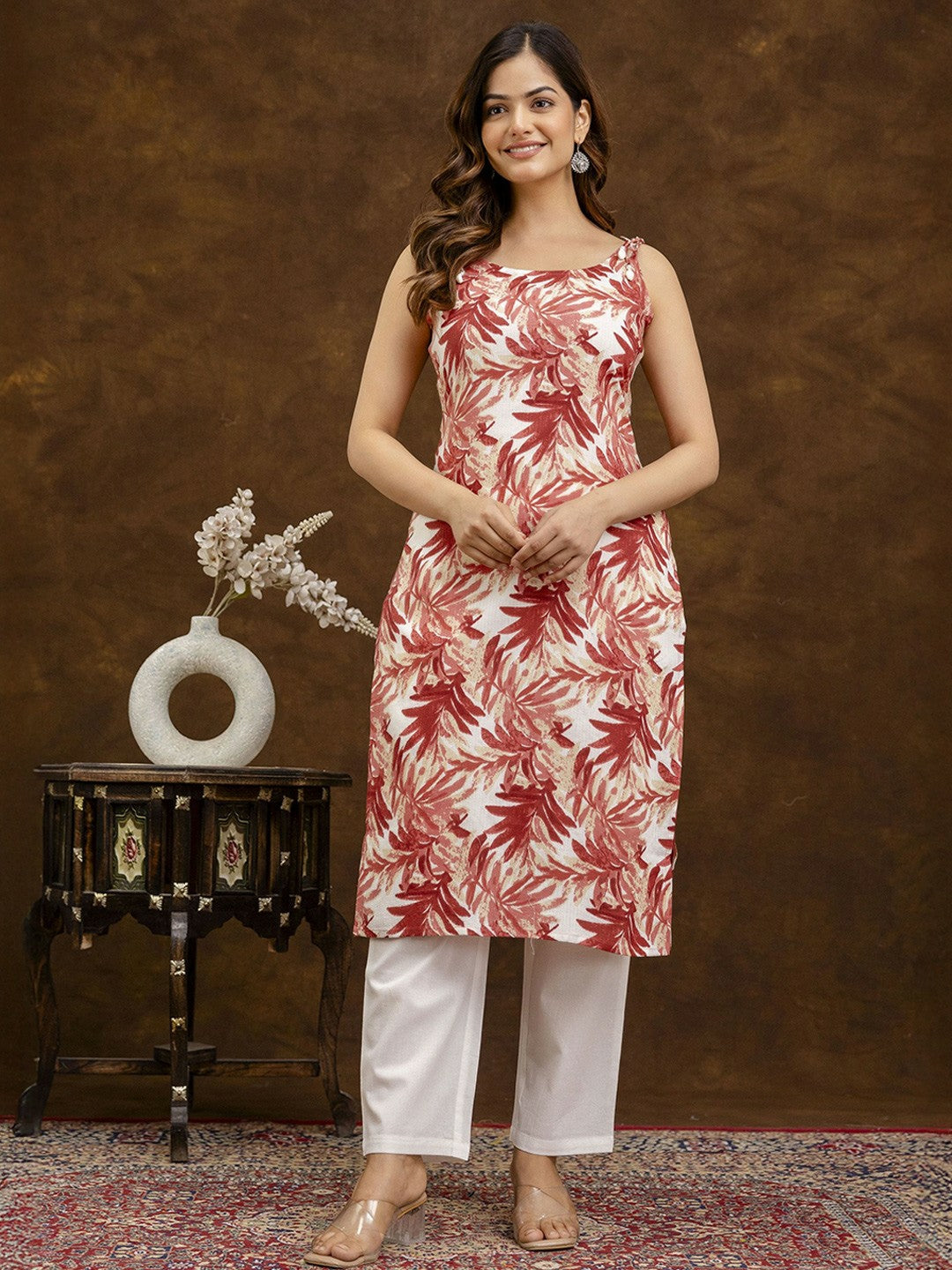 Floral Printed Shoulder Strap Red & White Cotton Kurta