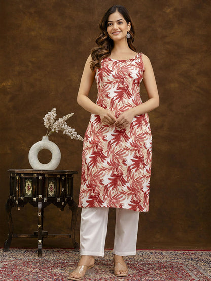 Floral Printed Shoulder Strap Red & White Cotton Kurta