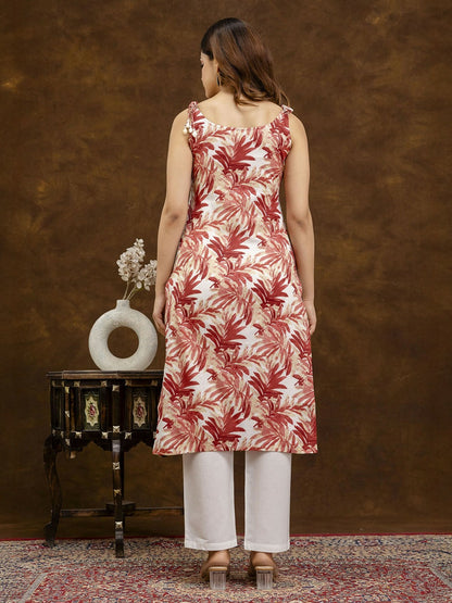 Floral Printed Shoulder Strap Red & White Cotton Kurta