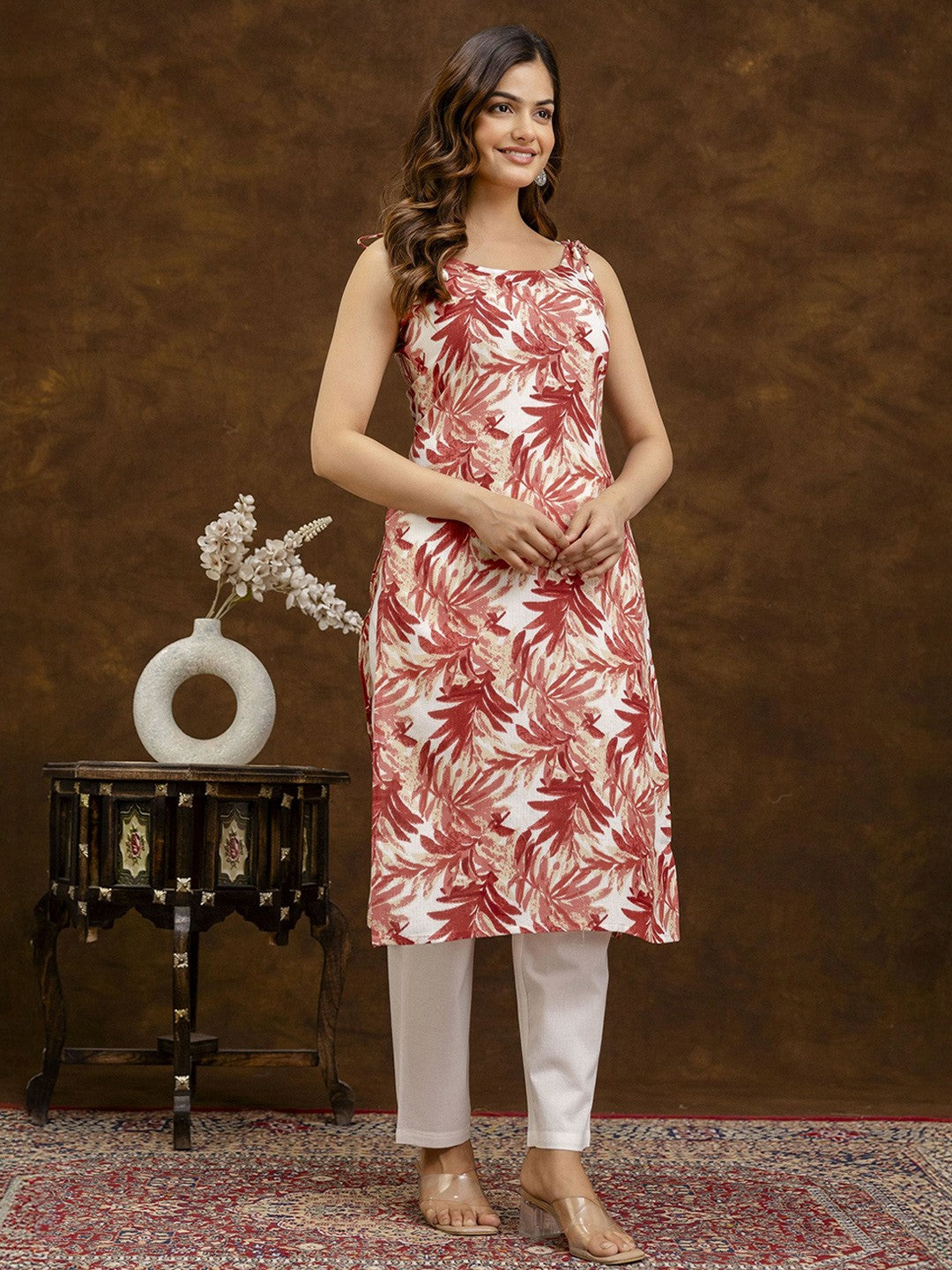Floral Printed Shoulder Strap Red & White Cotton Kurta