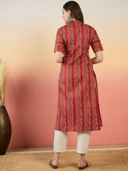 Red Chevron Printed Mandarin Collar Cotton Kurta