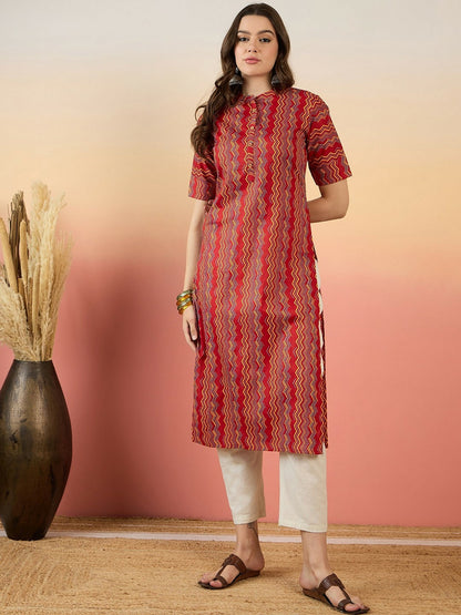 Red Chevron Printed Mandarin Collar Cotton Kurta