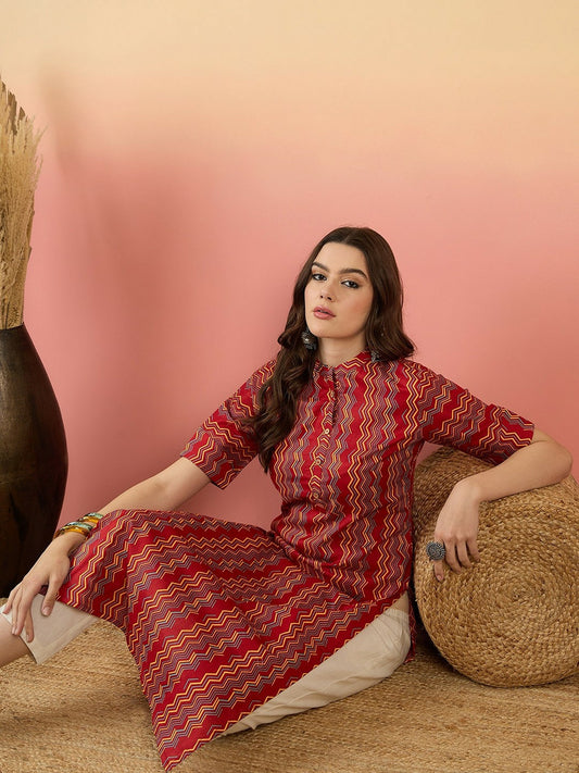 Red Chevron Printed Mandarin Collar Cotton Kurta
