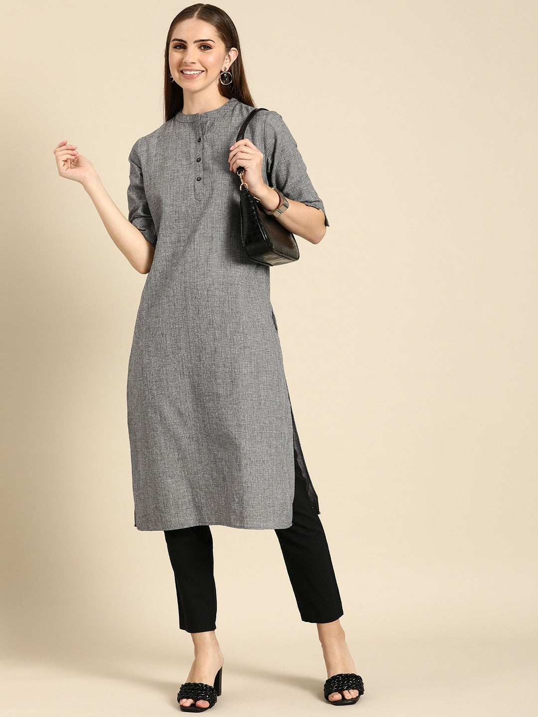 Women Grey Mandarin Collar Straight Cotton Kurta