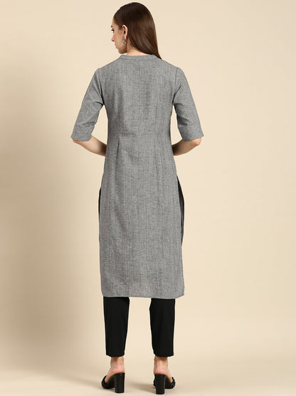 Women Grey Mandarin Collar Straight Cotton Kurta