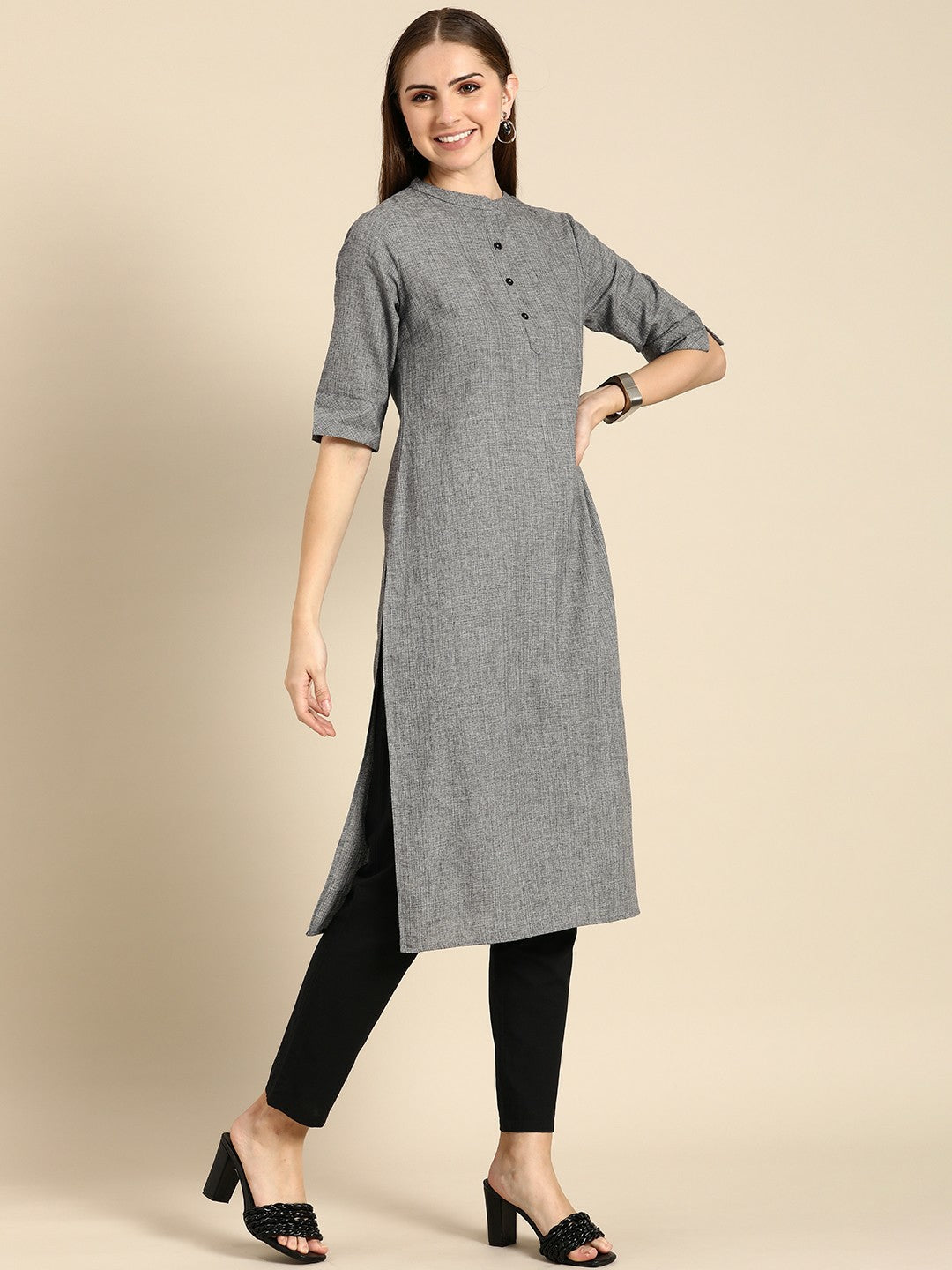 Women Grey Mandarin Collar Straight Cotton Kurta