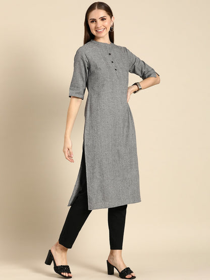 Women Grey Mandarin Collar Straight Cotton Kurta