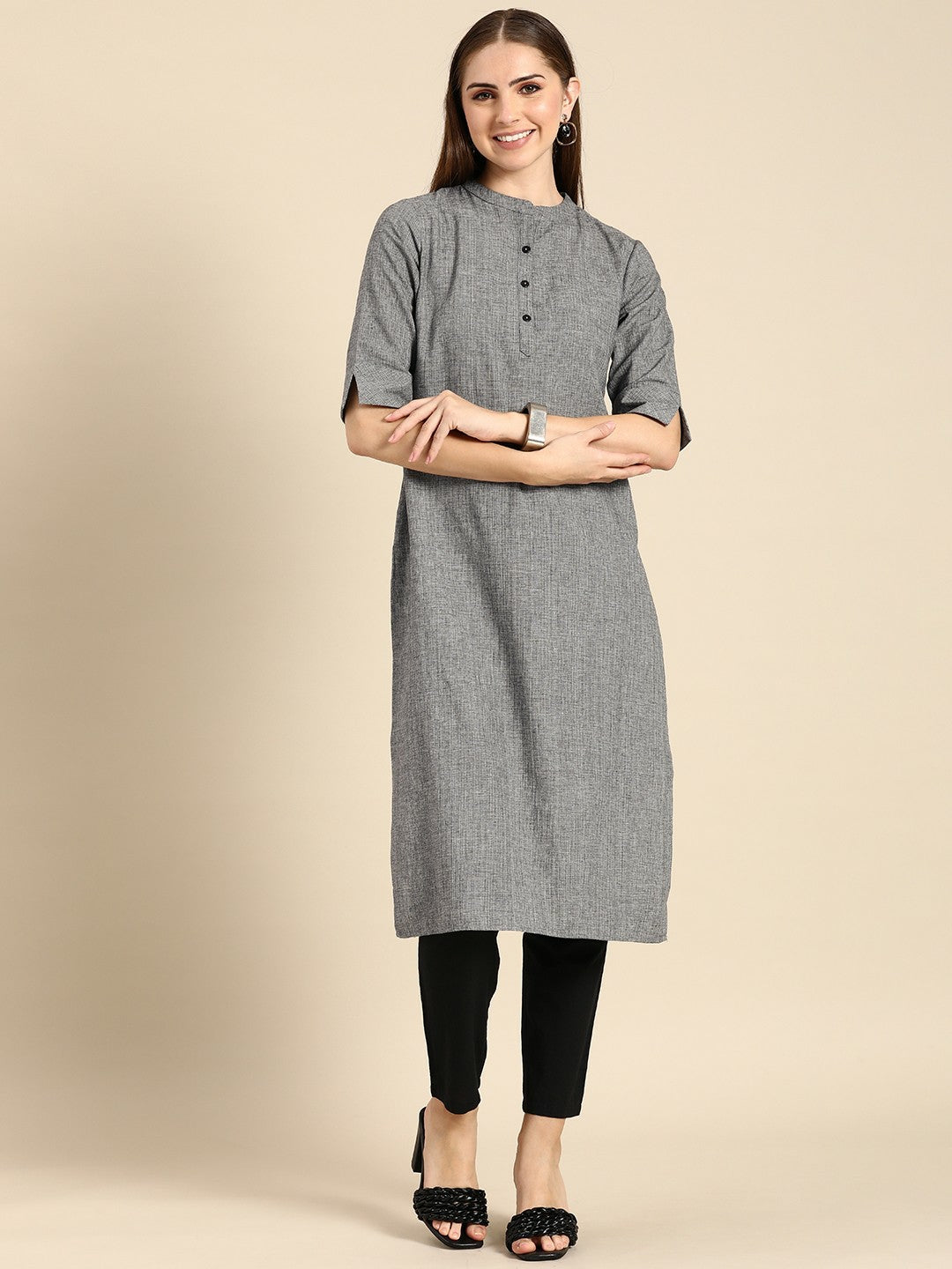 Women Grey Mandarin Collar Straight Cotton Kurta