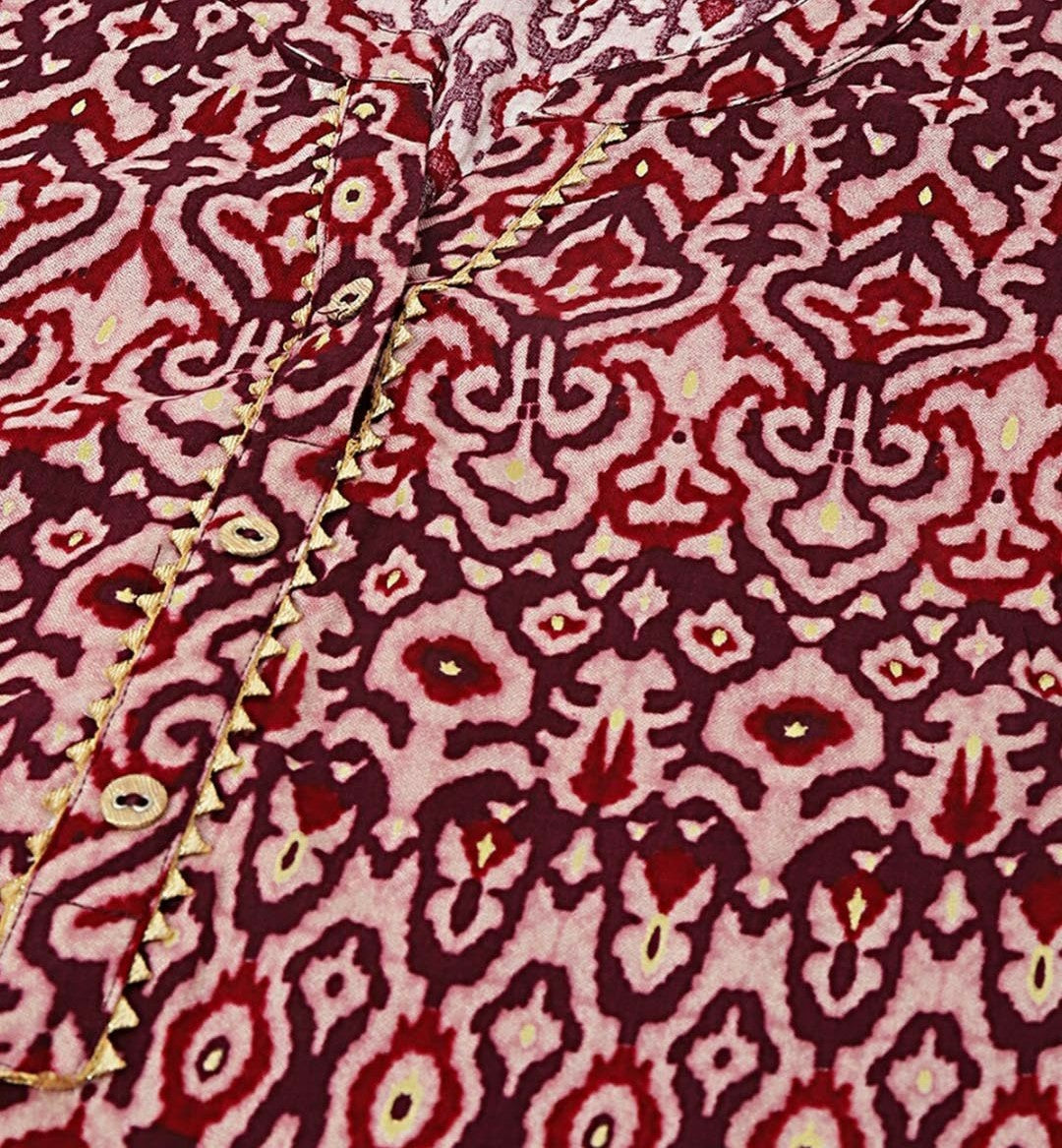 Magenta Ethnic Motifs Ikat Printed Band Collar Straight Kurta