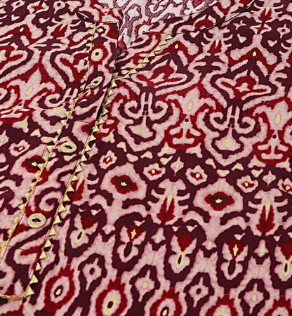 Magenta Ethnic Motifs Ikat Printed Band Collar Straight Kurta