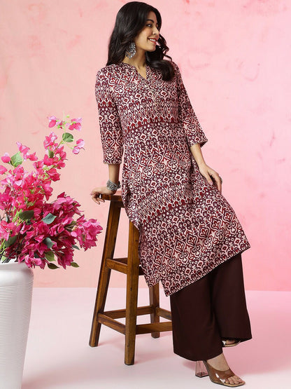 Magenta Ethnic Motifs Ikat Printed Band Collar Straight Kurta