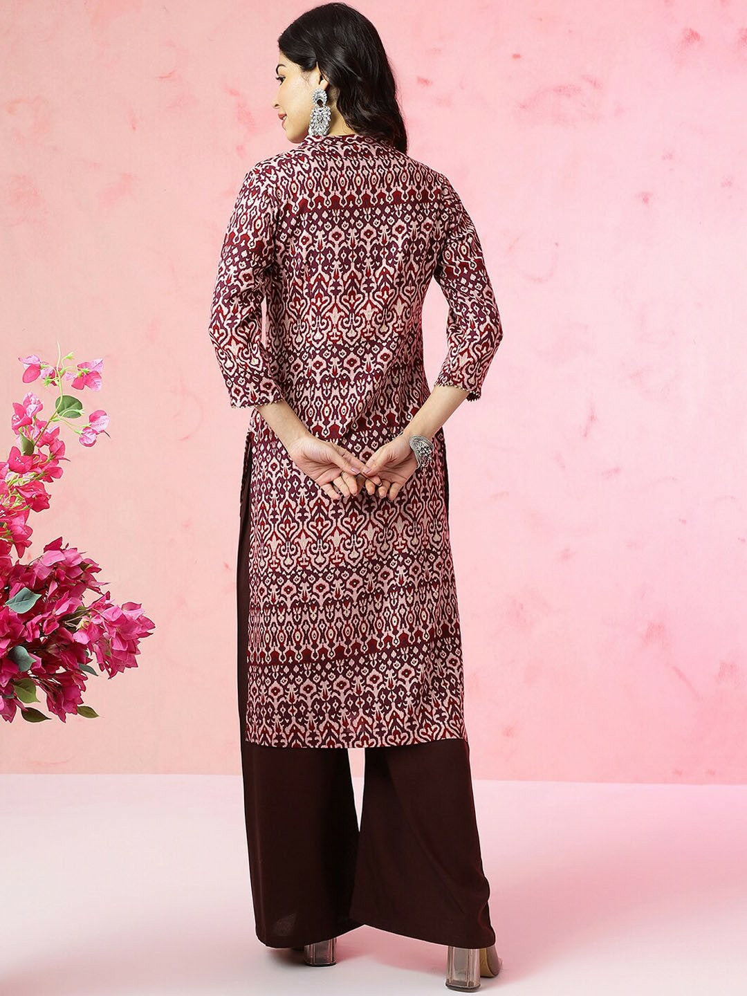 Magenta Ethnic Motifs Ikat Printed Band Collar Straight Kurta