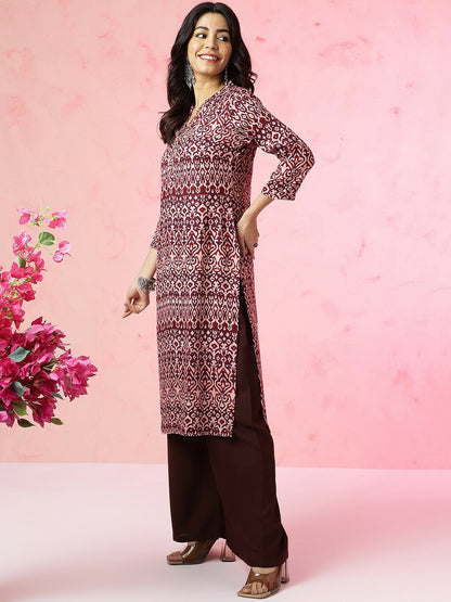 Magenta Ethnic Motifs Ikat Printed Band Collar Straight Kurta