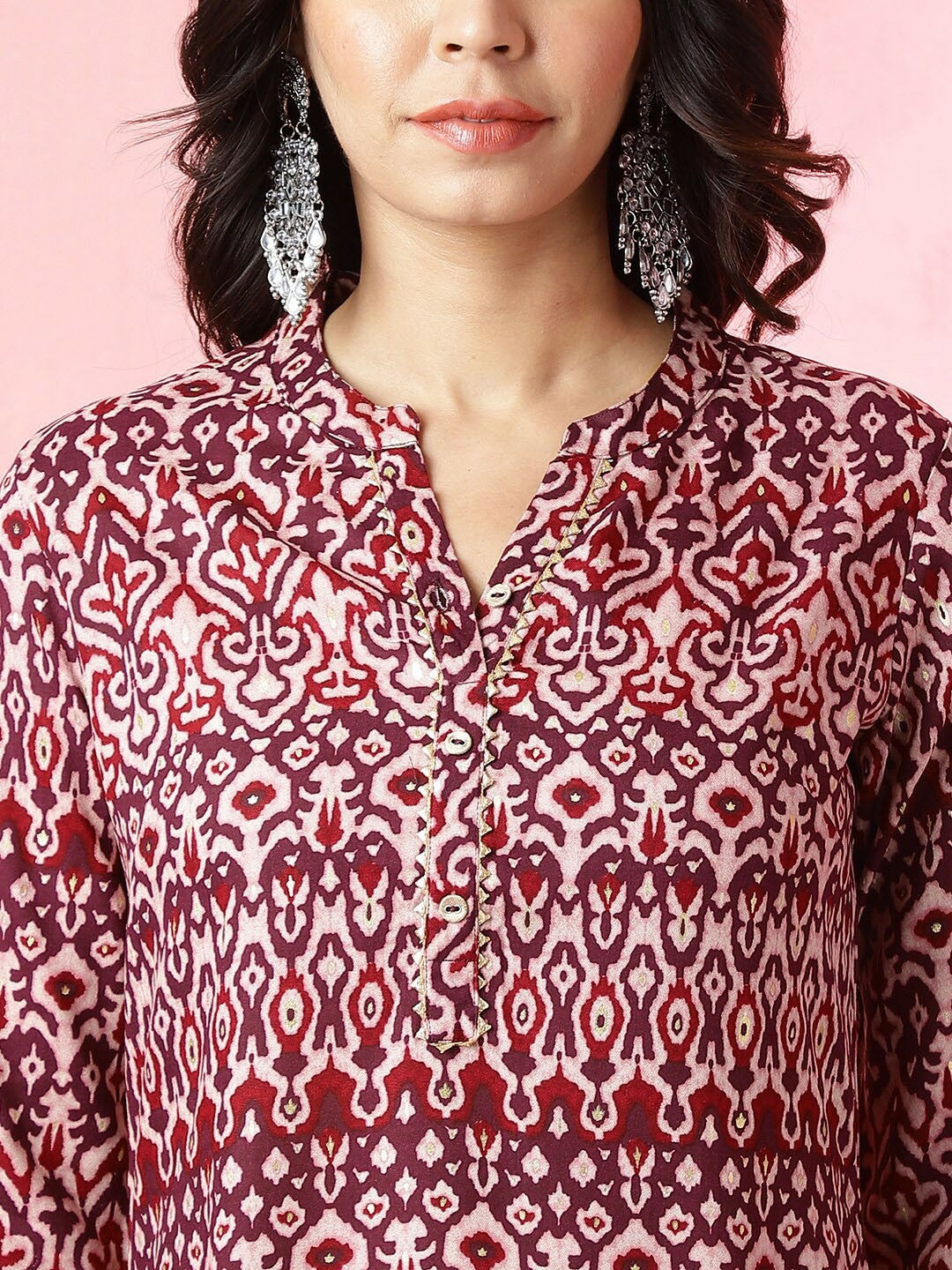 Magenta Ethnic Motifs Ikat Printed Band Collar Straight Kurta