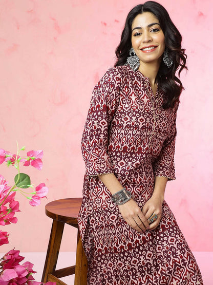 Magenta Ethnic Motifs Ikat Printed Band Collar Straight Kurta