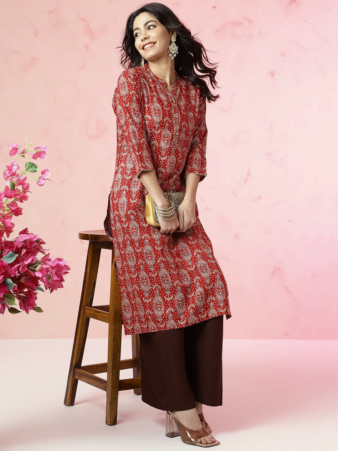 Red Paisley Printed Straight Kurta with Gotta Patti Detail