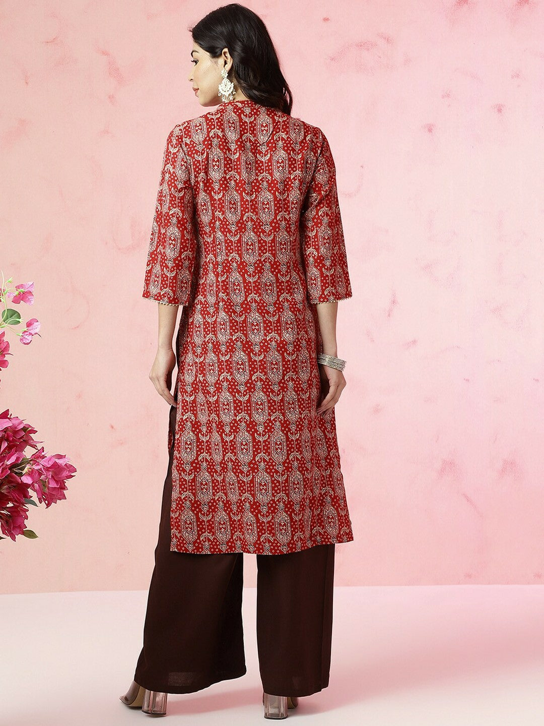 Red Paisley Printed Straight Kurta with Gotta Patti Detail
