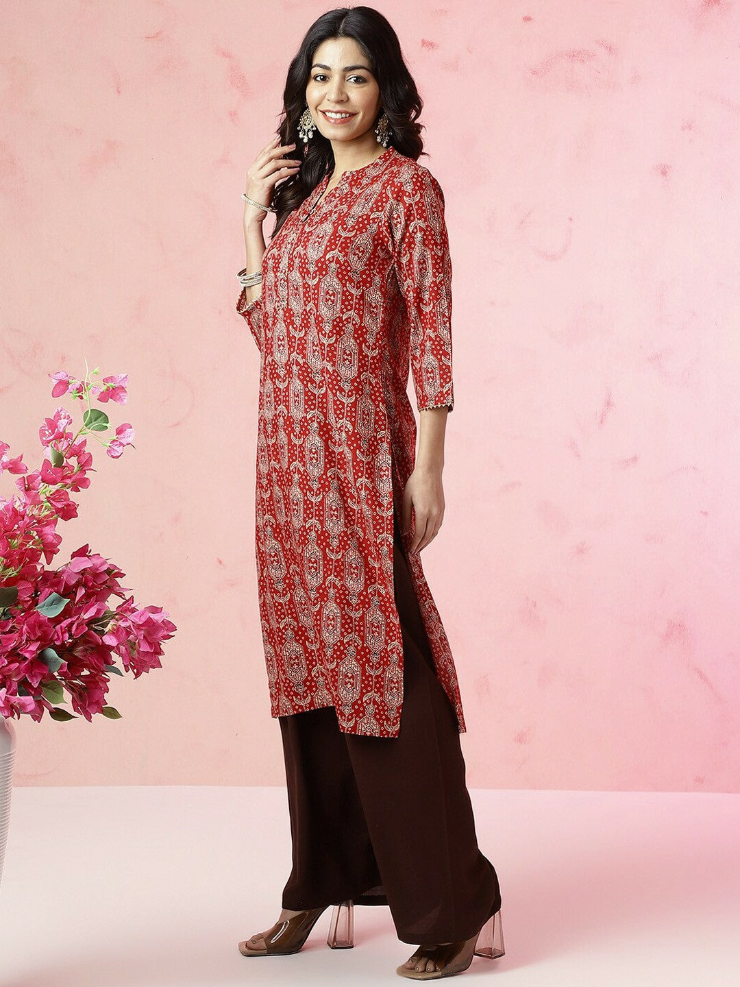 Red Paisley Printed Straight Kurta with Gotta Patti Detail