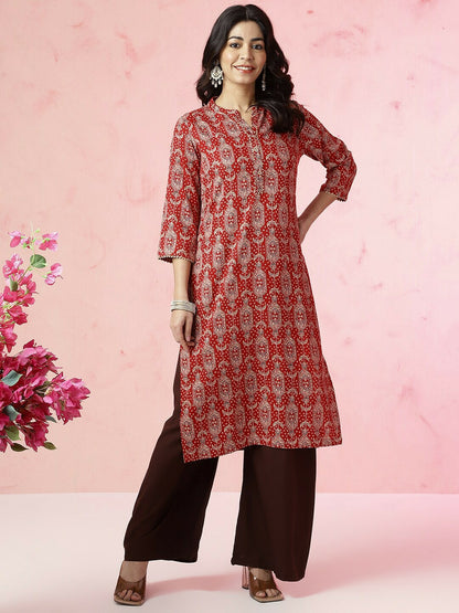 Red Paisley Printed Straight Kurta with Gotta Patti Detail