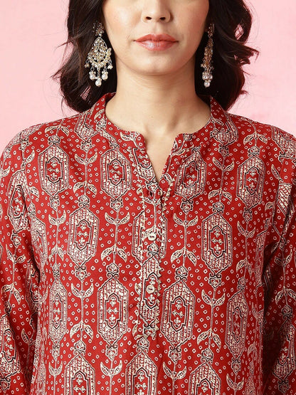 Red Paisley Printed Straight Kurta with Gotta Patti Detail