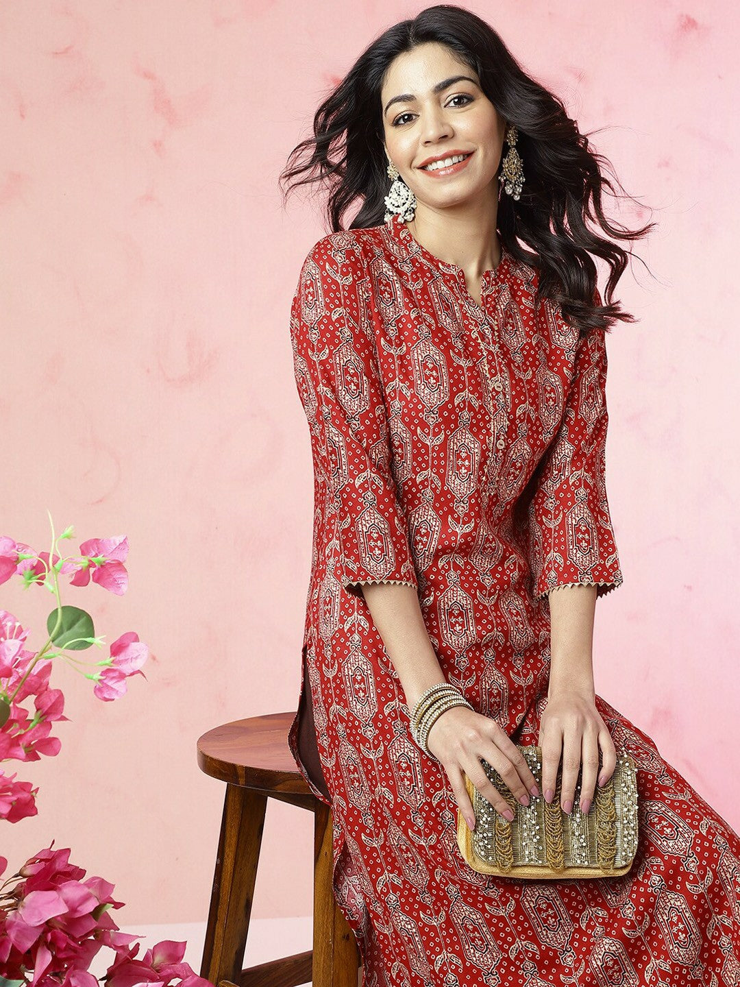 Red Paisley Printed Straight Kurta with Gotta Patti Detail