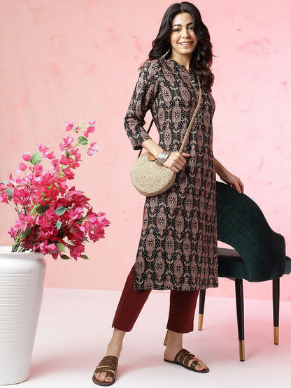 Black Ethnic Motifs Printed Mandarin Collar Straight Kurta