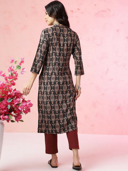 Black Ethnic Motifs Printed Mandarin Collar Straight Kurta