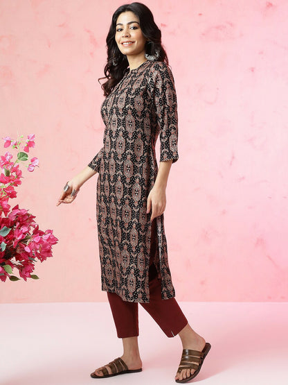 Black Ethnic Motifs Printed Mandarin Collar Straight Kurta
