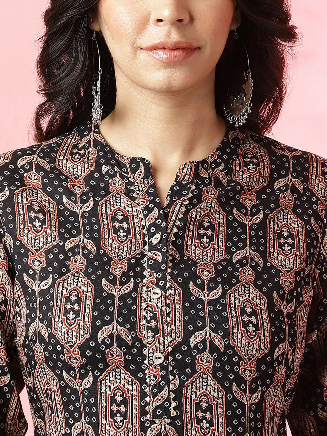 Black Ethnic Motifs Printed Mandarin Collar Straight Kurta
