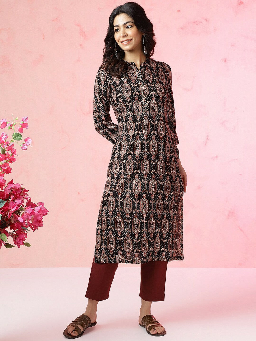 Black Ethnic Motifs Printed Mandarin Collar Straight Kurta