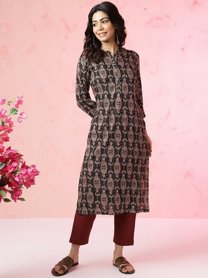 Black Ethnic Motifs Printed Mandarin Collar Straight Kurta