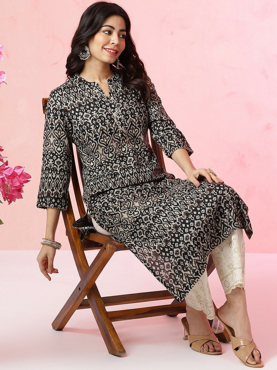 Women Black Ethnic Motifs Printed A-Line Kurta with Bead Detail