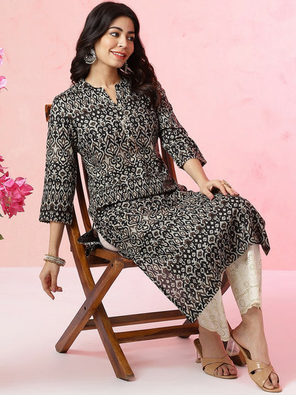 Women Black Ethnic Motifs Printed A-Line Kurta with Bead Detail