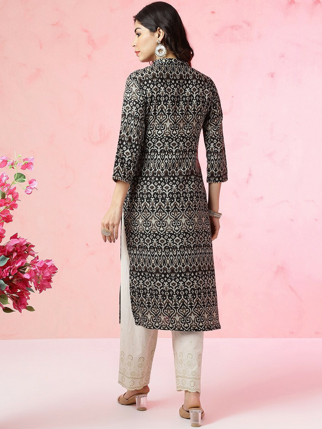 Women Black Ethnic Motifs Printed A-Line Kurta with Bead Detail